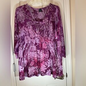 Faded Glory Purple 3/4 Sleeve Top Floral Flowy Boho 3X